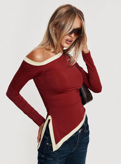 back view of model wearing Princess Polly Fake Smile Long Sleeve Top Burgundy / Cream Full Sleeves Asymmetric Neckline 
