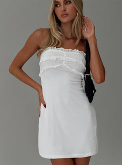front view of model wearing Princess Polly Khaos Strapless Mini Dress White Straight Neck 