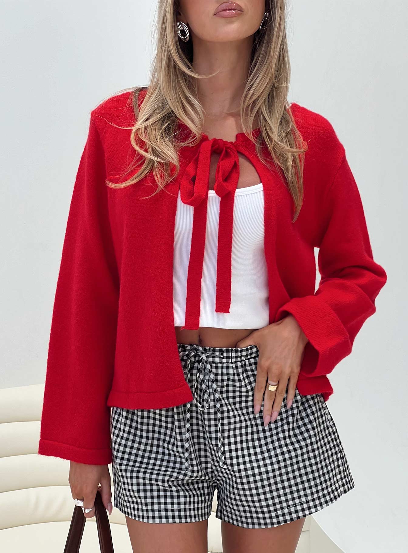 front view of model wearing Princess Polly Norine Tie Up Knit Sweater Red Cropped 