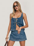 front view of model wearing Princess Polly Stefenie Denim Tie Top Mid Wash Sleeveless Square Neck 