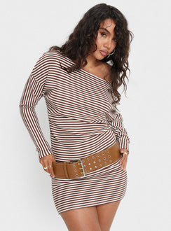 Caia Off Shoulder Long Sleeve Jersey Mini Dress Chocolate Stripe