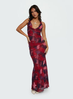 front view of model wearing Princess Polly Vixyn Halter Maxi Dress Red Multi Cowl Neck 
