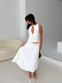 back view of model wearing Princess Polly Heart Of Gold Linen Blend Midi Skirt White Midi Skirts 