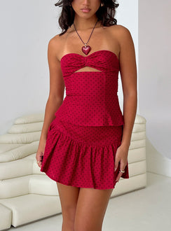 back view of model wearing Princess Polly Kandee Twist Linen Blend Top Red Polka Sleeveless Sweetheart 