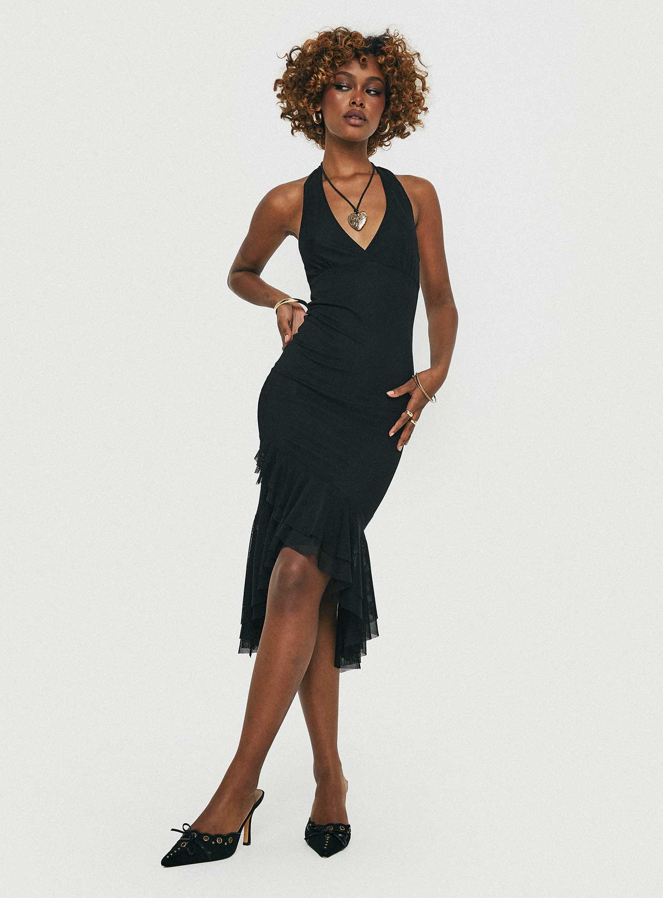 front view of model wearing Princess Polly Amadeus Midi Dress Black V-Neck 