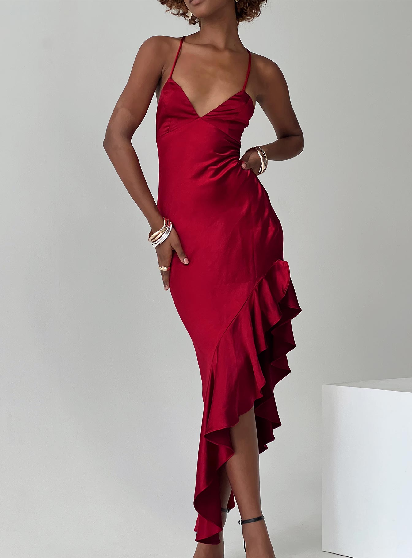 front view of model wearing Princess Polly Casen Maxi Dress Red Plunger 