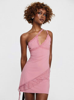 side view of model wearing Princess Polly Antonella Mini Dress Pink Asymmetric Neckline 
