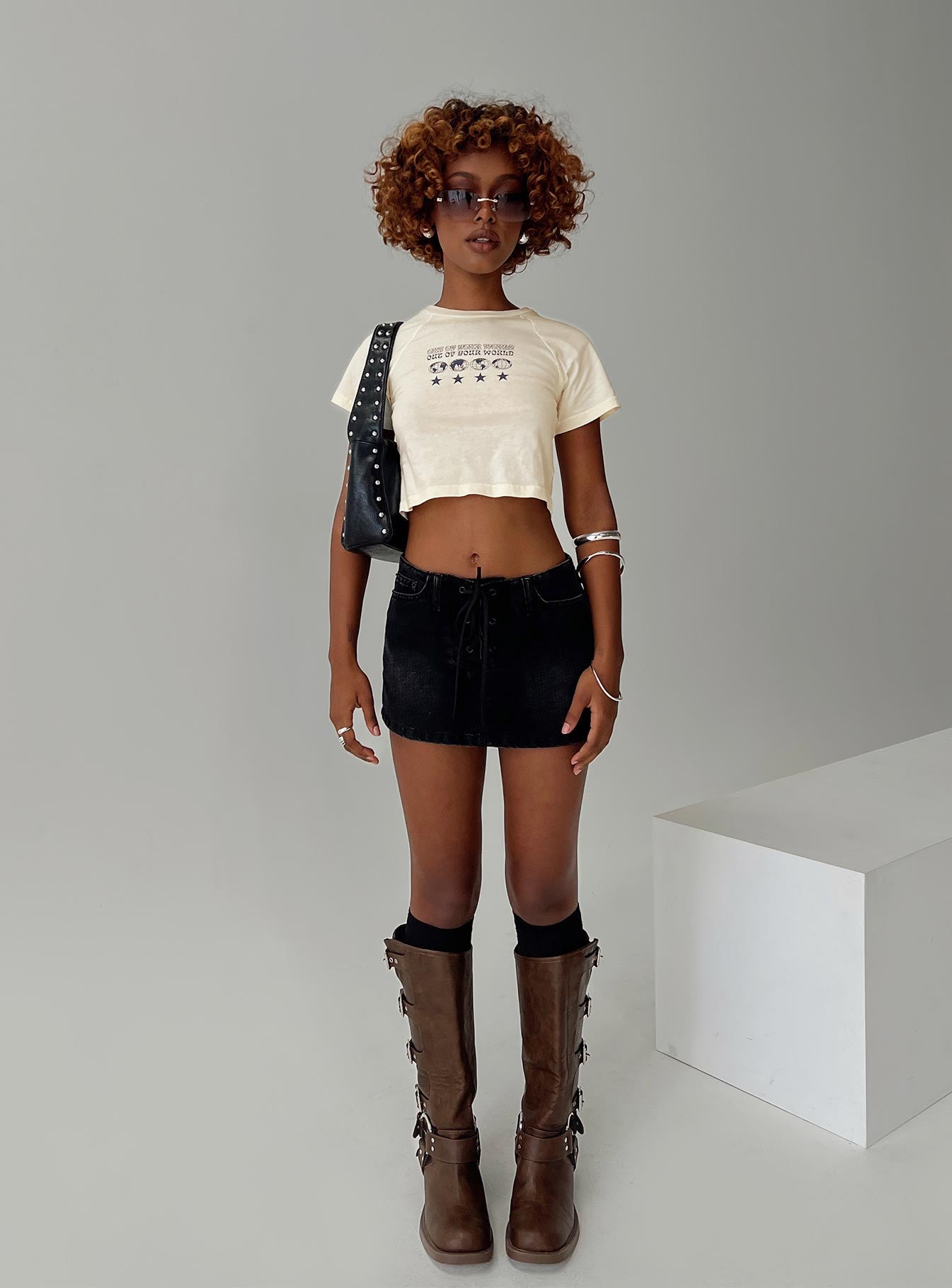 front view of model wearing Princess Polly Outta This World Tee Cream Short Sleeves Crew Neck 