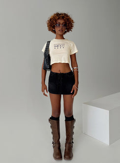 front view of model wearing Princess Polly Outta This World Tee Cream Short Sleeves Crew Neck 