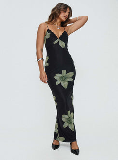 front view of model wearing Princess Polly Stardrop Maxi Dress Black Floral V-Neck 