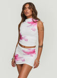 Graphic print mesh top High neckline, ruching at sides Good stretch, fully lined Princess Polly Lower Impact