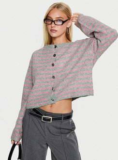 back view of model wearing Princess Polly Raynna Button Up Cardigan Pink / Grey Stripe Cropped Jumpers 