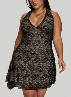 side view of model wearing Princess Polly Sonella Lace Halter Mini Dress Black Curve Plunger 