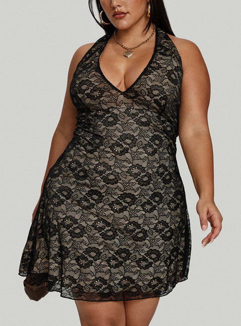 side view of model wearing Princess Polly Sonella Lace Halter Mini Dress Black Curve Plunger 