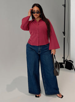 side view of model wearing Princess Polly Anni Pinstripe Shirt Red Curve Full Sleeves V-Neck 