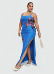 side view of model wearing Princess Polly Bespoke Maxi Dress Blue Curve Scoop Neck 