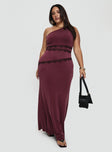 front view of model wearing Princess Polly Ultraviolet One Shoulder Lace Maxi Dress Wine Curve Asymmetric Neckline 