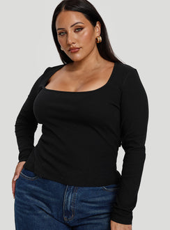 front view of model wearing Princess Polly Baseline Long Sleeve Top Black Curve Full Sleeves Square Neck 