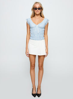 front view of model wearing Princess Polly Ahead Of Myself Off Shoulder Bodysuit Blue Stripe Short Sleeves 