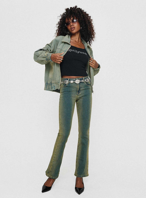 front view of model wearing Princess Polly Sandman Flare Jeans Antique Wash Mid Rise 