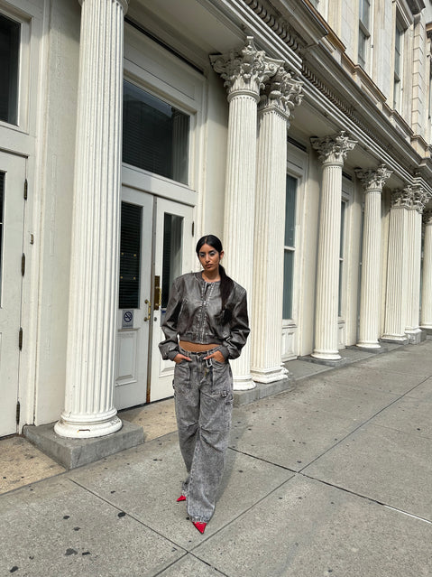 Faux leather bomber jacket High neckline, zip fastening, twin hip pockets, elasticated waistband and cuff Non-stretch material, fully lined 