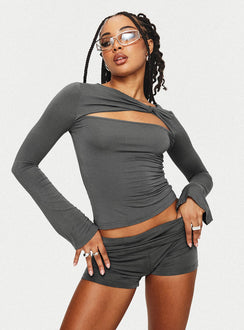 front view of model wearing Princess Polly Take Me Out Shorts Slate High Waisted Shorts 