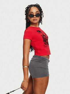 side view of model wearing Princess Polly Akeko Tee Red Short Sleeves Crew Neck 