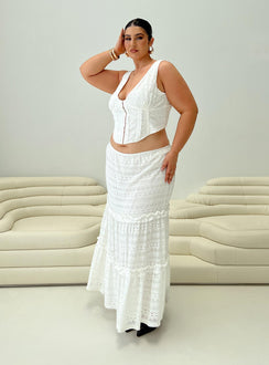   side view of model wearing Princess Polly Buttacupe Lace Maxi Skirt White Curve Maxi 