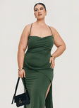 Green maxi dress Halter style, straight neckline, ruching detail, split in hem