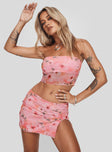 Matching set Mesh material, floral print, strapless style, inner silicone strip at bust, elasticated waist, split in hem Good stretch, fully lined  Princess Polly Lower Impact 