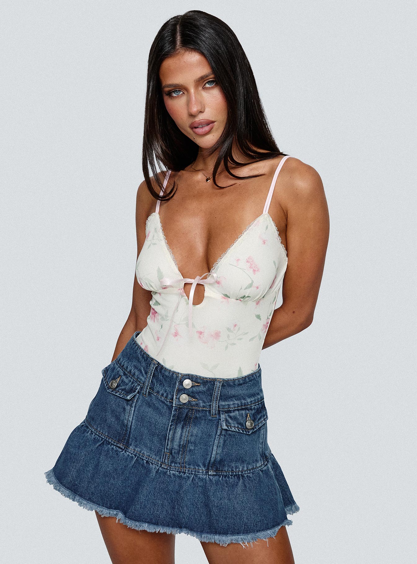 back view of model wearing Princess Polly Final Fantasy Bodysuit Multi Floral Sleeveless 