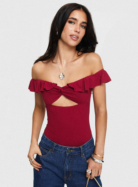 side view of model wearing Princess Polly Be Careful Off The Shoulder Bodysuit Red Short Sleeves V-Neck 