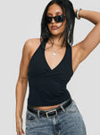 front view of model wearing Princess Polly Stand By Halter Top Black Sleeveless V-Neck 