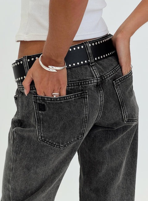 side view of model wearing Princess Polly Better Half Low Rise Jeans Charcoal Low Rise Jeans 