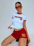 front view of model wearing Princess Polly USC Soffee Shorts Red High Waisted Shorts 