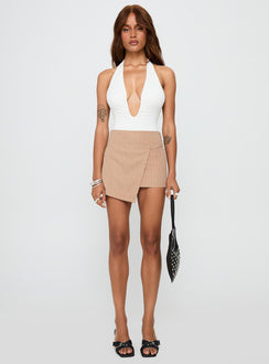 front view of model wearing Princess Polly Emmalyne Plunge Neck Bodysuit White Sleeveless 