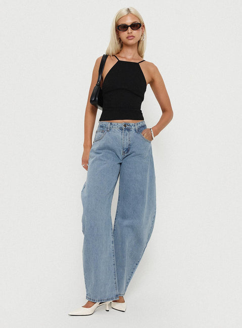 front view of model wearing Princess Polly Horseshoe Jeans Washed Blue High Waisted 