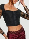 Black Long sleeve lace crop top Square neckline, hook & eye fastening at bust, sheer sleeves