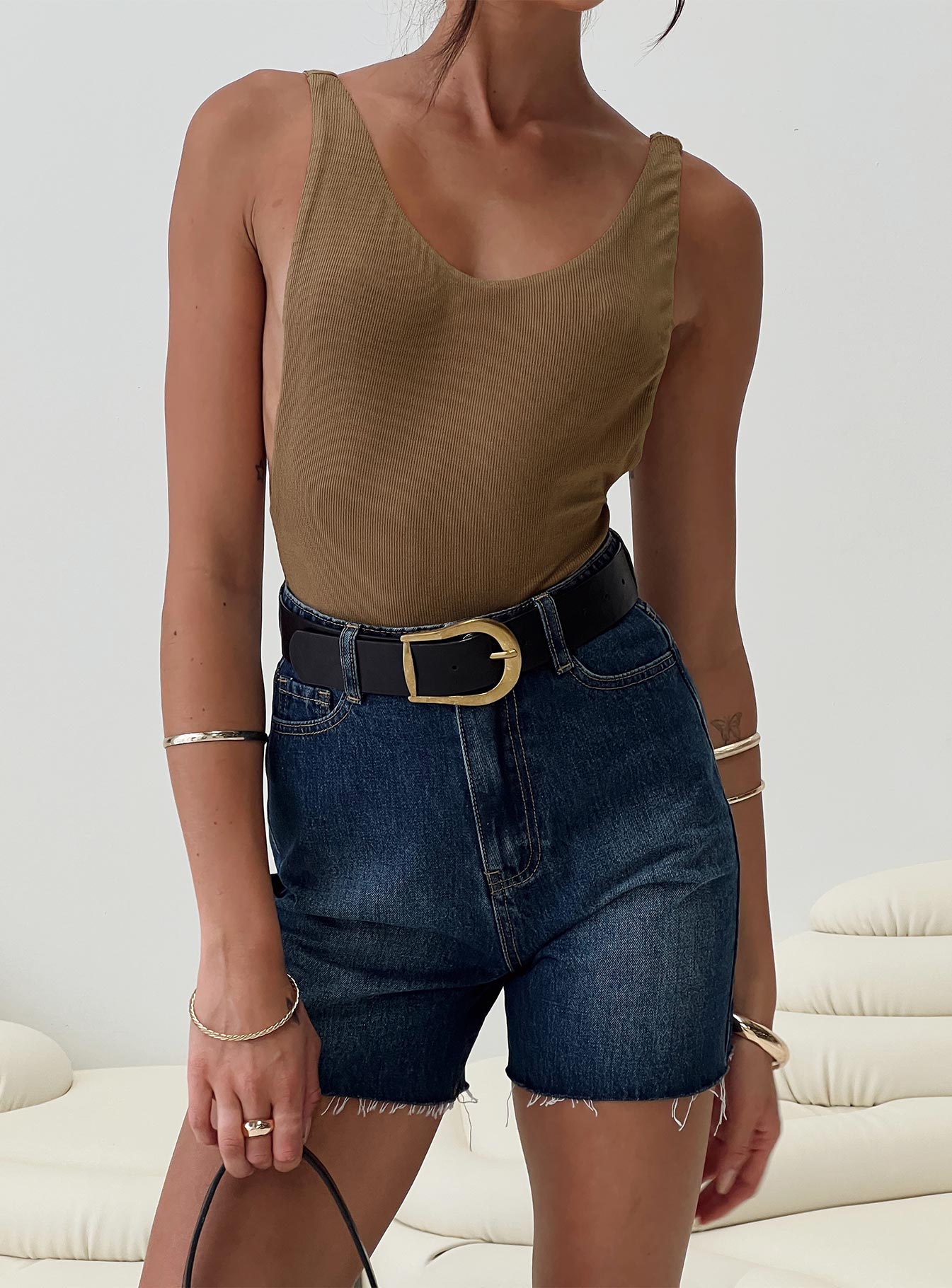 front view of model wearing Princess Polly Yolando Bodysuit Taupe Sleeveless Scoop Neck 