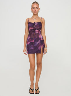 Two-piece matching set  Straight neckline, adjustable straps with drawstring fastening at bust, split hem Mini skirt, high rise fit, elasticated waistband, split hem at side Good stretch, lined bust & skirt Princess Polly Lower Impact 