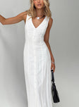 Linen maxi dress V-neckline, button fastening down front, panel detailing, waist tie fastening at back