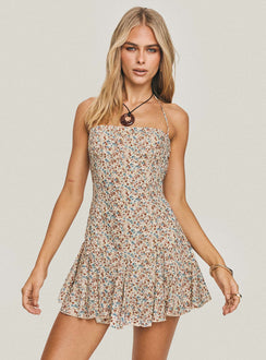 front view of model wearing Princess Polly Delamere Mini Dress Multi / Floral Square Neck 