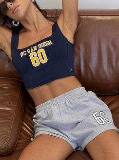 side view of model wearing Princess Polly UC San Diego Soffee Short Heather Grey High Waisted Shorts 