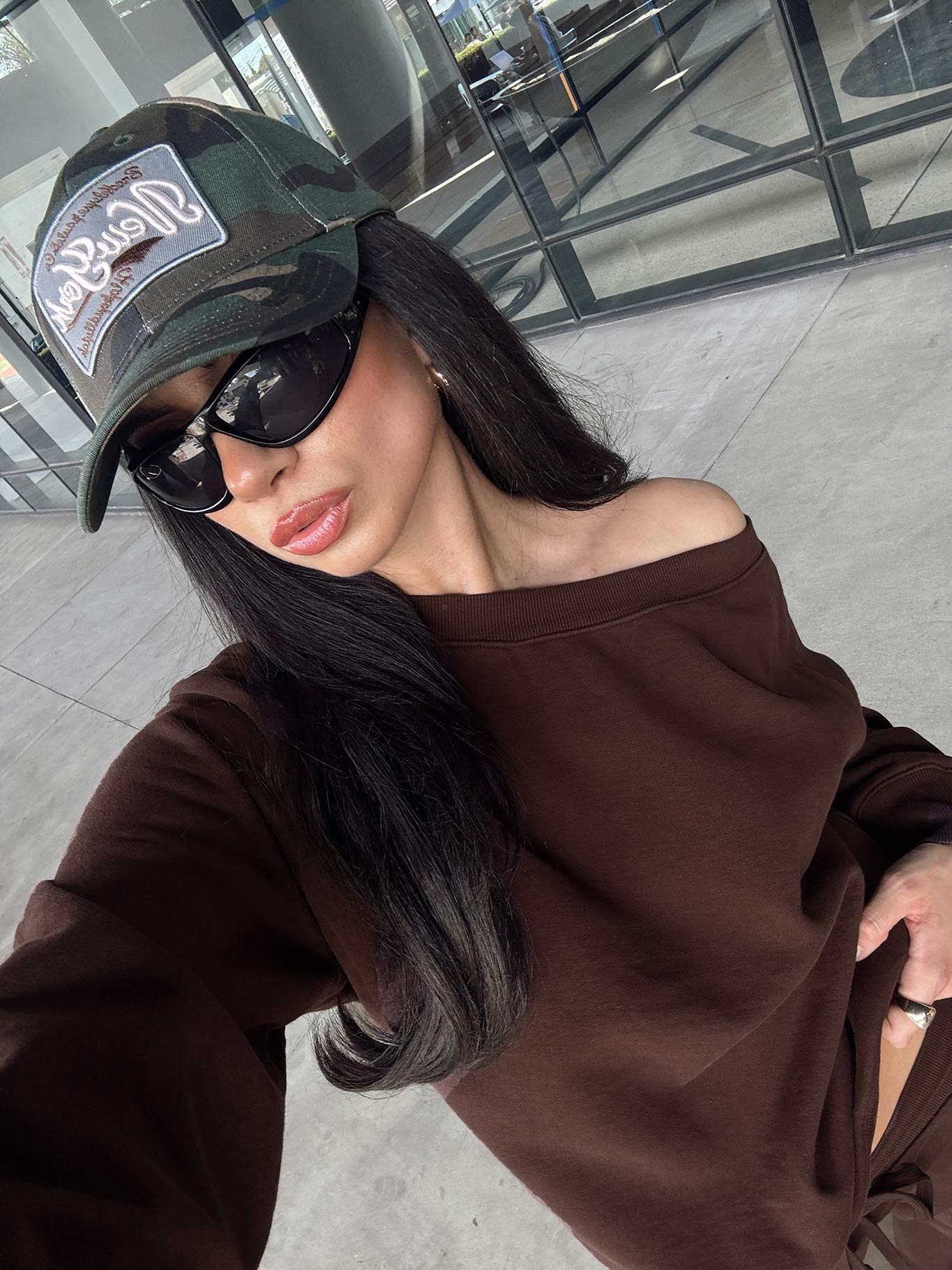 side view of model wearing Princess Polly Wellness Off The Shoulder Jumper Brown Longline Jumpers 