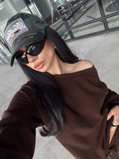 side view of model wearing Princess Polly Wellness Off The Shoulder Jumper Brown Longline Jumpers 