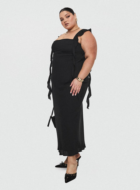 side view of model wearing Princess Polly Lanai Maxi Dress Black Curve Square Neck 