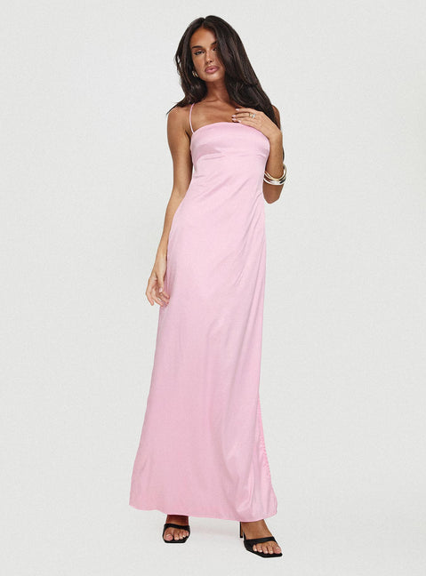 front view of model wearing Princess Polly Roselyn Maxi Dress Pink Straight Neck 