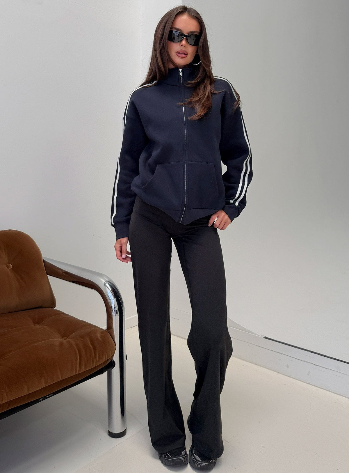 Featuring the Keeran Funnel Neck Fleece Jumper Navy / White womens jumpers in short length front view of model wearing Princess Polly