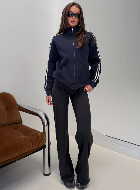 Featuring the Keeran Funnel Neck Fleece Jumper Navy / White womens jumpers in short length front view of model wearing Princess Polly