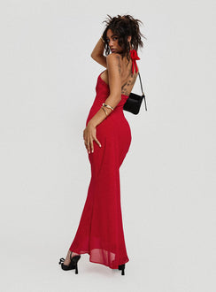 side view of model wearing Princess Polly Abriela Maxi Dress Red High Neck 